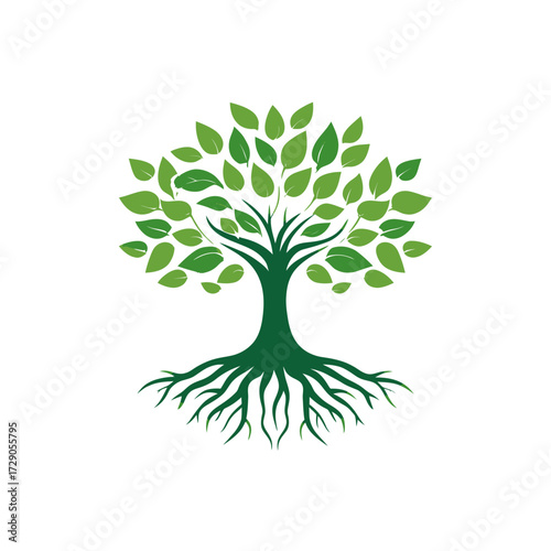 A stylized tree with a dark green trunk, roots, and bright green leaves on white background