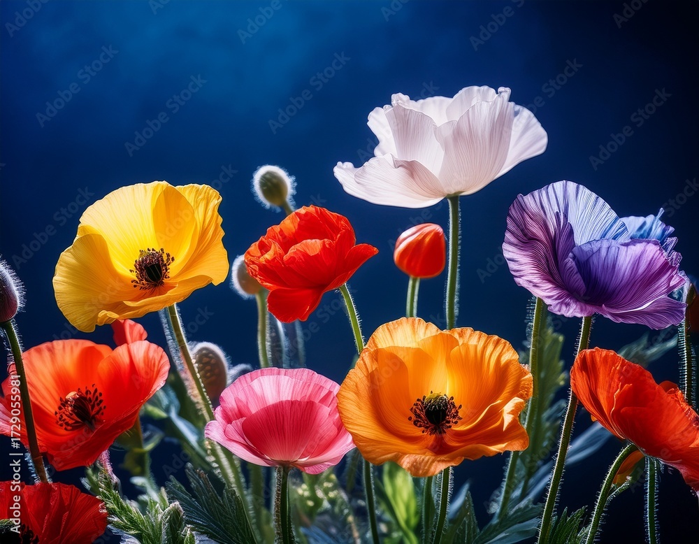 Fototapeta premium vibrant blooming poppies in various bright colors on dark blue background