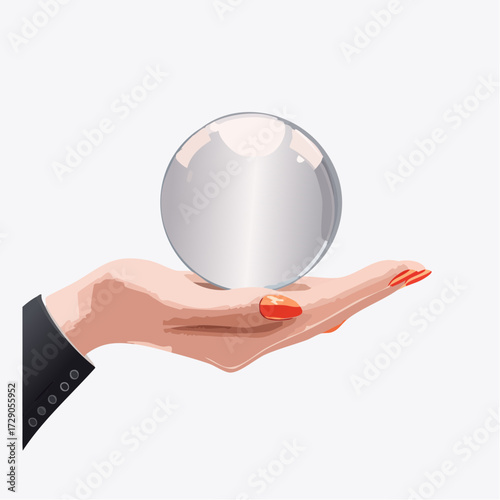 An elegant illustration of a businesswoman's hand holding a crystal ball, a concept for future prediction, business forecasting, and strategic vision