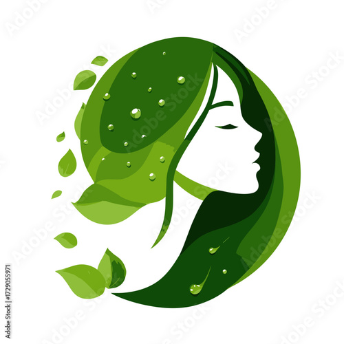 Silhouette of a woman with closed eyes, surrounded by green leaves and water droplets, on white