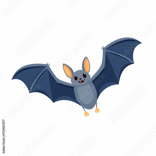 Cute cartoon bat flying with open wings, a friendly nocturnal animal character isolated on a white background. Halloween symbol illustration