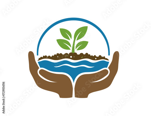 A graphic showing a plant sprouting from soil, water held by hands within a circular frame