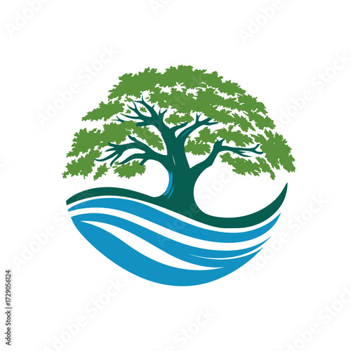 A green tree with a full canopy is depicted above blue water waves in a stylized circle on a white backdrop