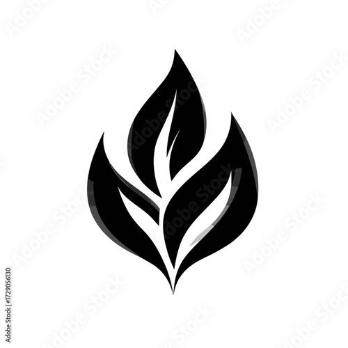 Abstract stylized black leaf formation with a textured outline on a white background