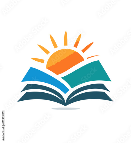 A vibrant logo featuring an open book with colorful pages, a setting sun and stylized terrain