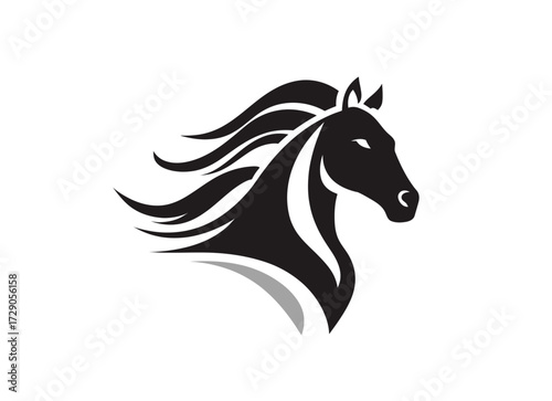 A stylized, monochrome illustration of a horse's head with flowing mane. The background is white
