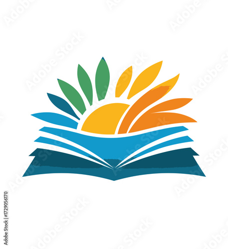 Abstract design of a book opening up, incorporating a sun made of petals and water-like layers