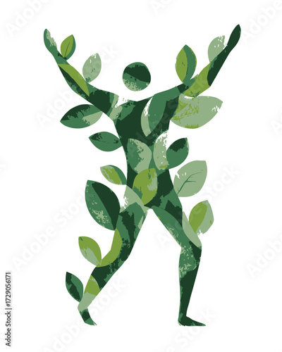 An abstract depiction of a person with green leaves forming and covering their body with arms raised