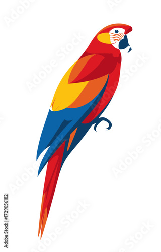Colorful, stylized illustration of a macaw parrot, with vibrant red, yellow, and blue plumage