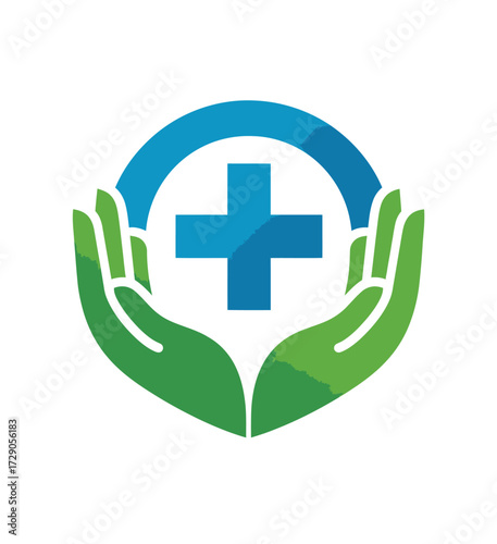 Healthcare logo featuring a blue cross within a blue arch held by stylized green hands