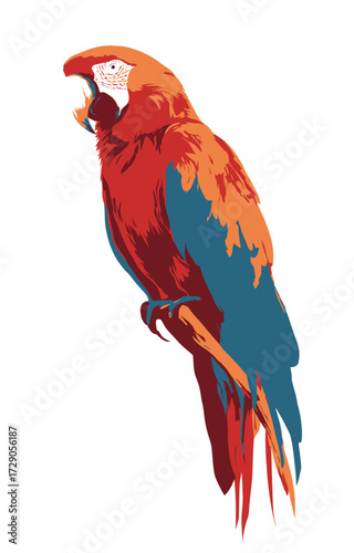 A stylized vector illustration of a colorful parrot perched on a branch, with its beak open