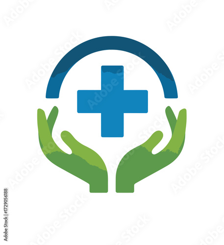 Illustration of a blue cross inside an arc above caring green hands. Concept of healthcare