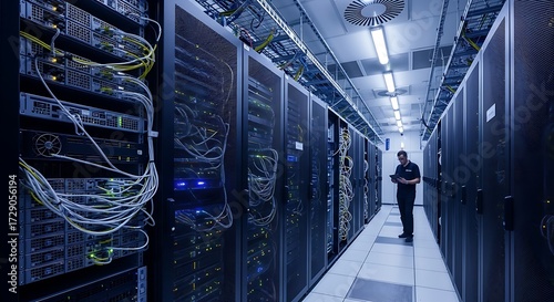 Server Room Interior with Technician.