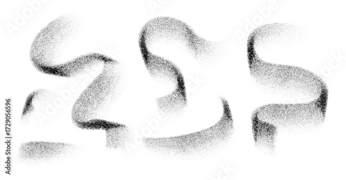 Abstract wavy ribbons with photocopy grain texture. Vintage halftone stipple effect in minimal style. Black and white vector elements for poster, background, and modern graphic design