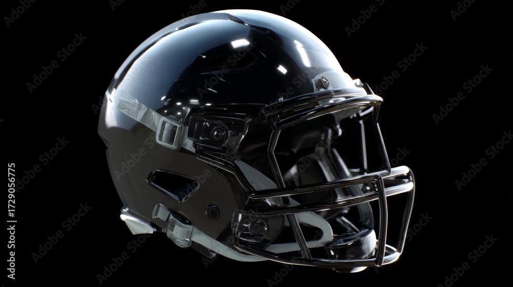 Naklejka premium Close-up of a modern football helmet on a stadium field, ready for game action under bright stadium lights, highlighting protective gear and sports equipment for football players