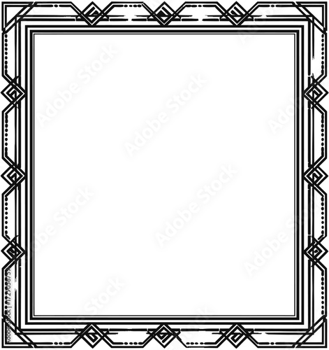 A black and white geometric frame with diamond, line and dot designs around the edges