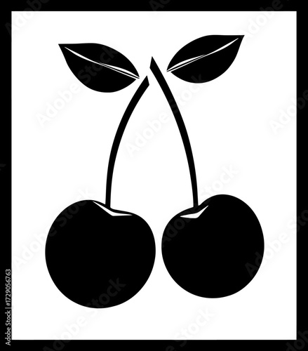 A black and white illustration of two cherries attached to stems and leaves, in a black border