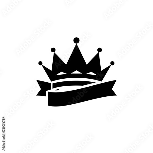 Crown emblem Intricate crown with a ribbon beneath, black on a white background