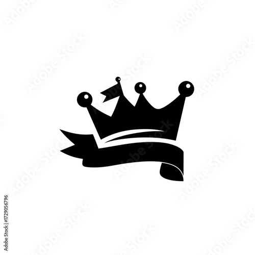 Black crown icon with banner. Round-topped crown with tiny flag on the top