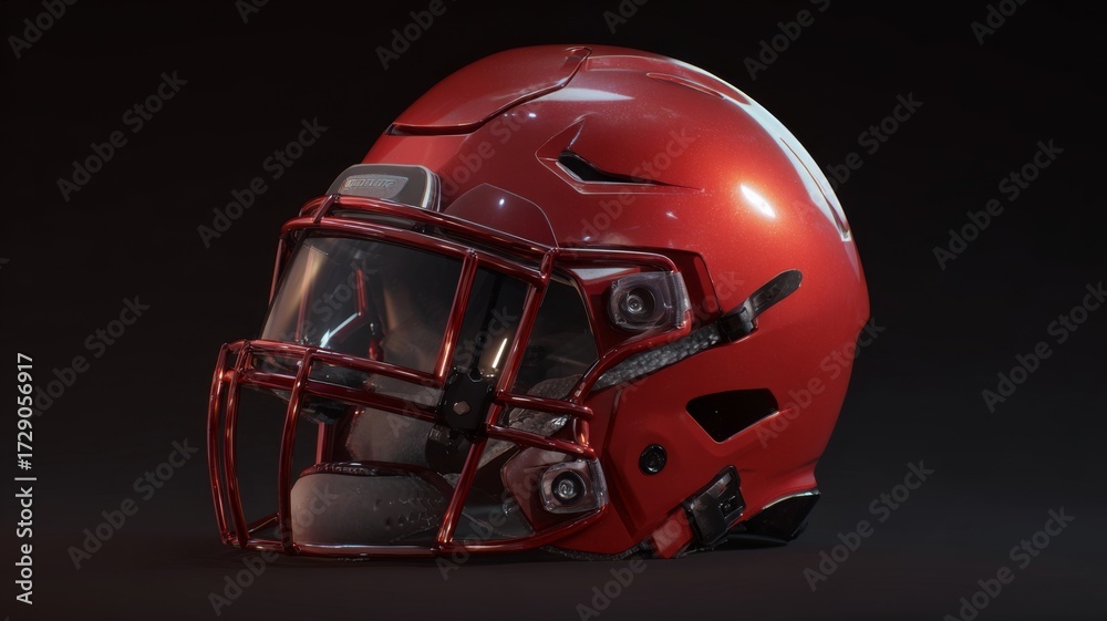 Fototapeta premium Close-up of a modern football helmet on a stadium field, ready for game action under bright stadium lights, highlighting protective gear and sports equipment for football players
