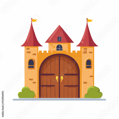 Vector illustration of a fantasy kingdom's castle gate, featuring stone towers with red roofs and a secure wooden entrance on a white background