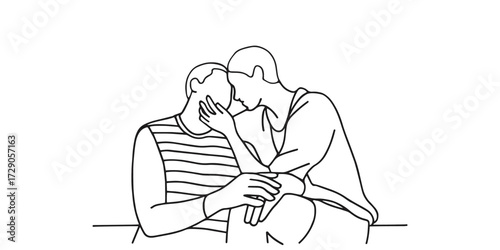 Minimalist one-line drawing of two men sharing laughter and affection on the living room floor, depicting friendship, joy, connection, and warmth in a cozy home environment.