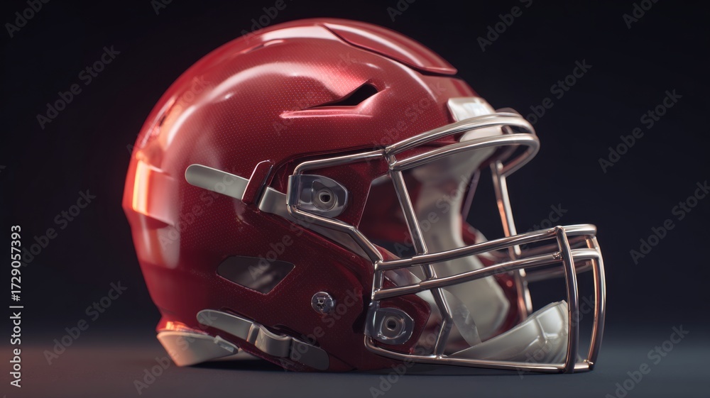 Fototapeta premium Close-up of a modern football helmet on a stadium field, ready for game action under bright stadium lights, highlighting protective gear and sports equipment for football players