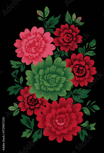 A striking floral arrangement on a black background, featuring bold, textured, red and green blossoms with leaves