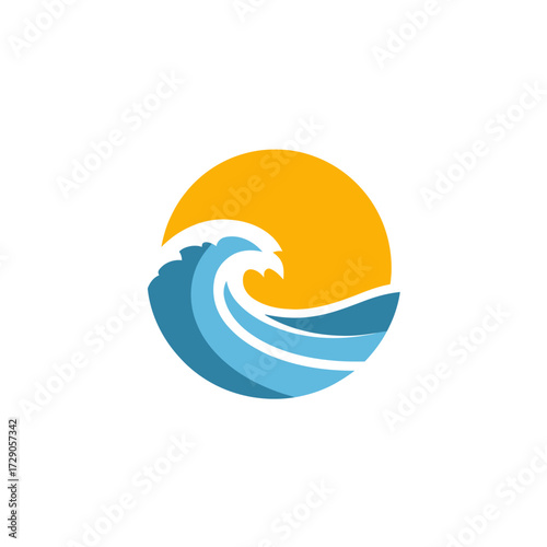Sunset Wave Graphic, wave curling beneath a sun in a circle against white backdrop
