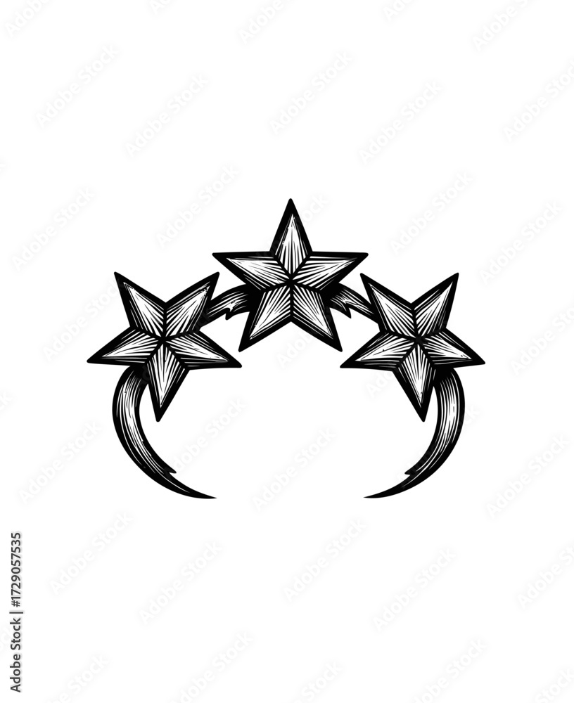 Obraz premium Three stylized stars with textured shading are arranged in an arched layout on a white background