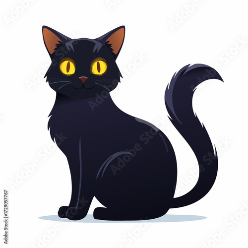 An enchanting black domestic cat with luminous yellow eyes sits in a classic pose. This vector character illustration exudes a friendly yet mysterious aura