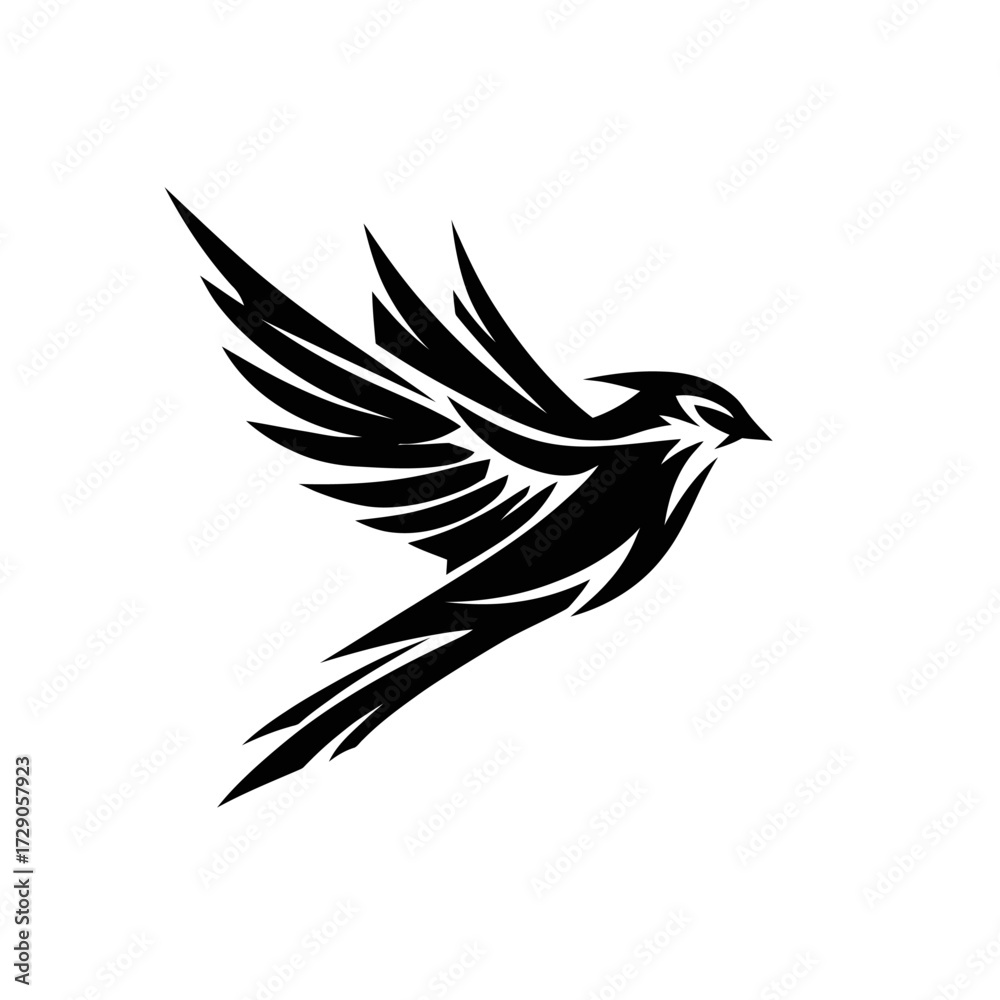 Fototapeta premium A stylized black bird in flight, with sharp, angular wings and tail, set against a white background