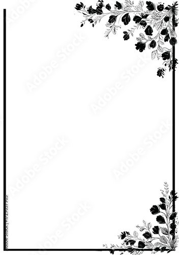 Elegant black and white floral frame, with flowers in the upper right and lower left corners