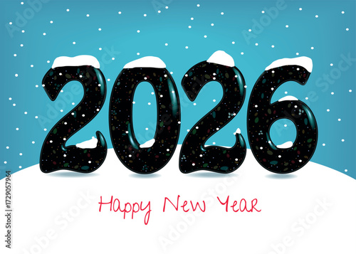 Snowy New Year's Vigil. The big black numbers 2026 stand tall on a pristine white snowdrift, emanating festive sparks. They contrast beautifully against the deep blue background, reminiscent of a sky 