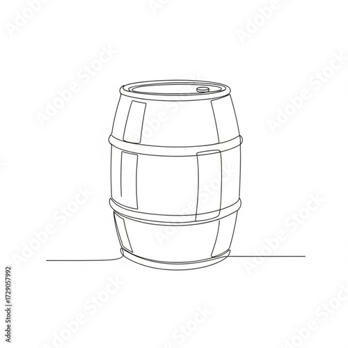 Simple line illustration of a wooden barrel with a rounded top, showcasing its cylindrical shape and distinct bands, representing storage and craftsmanship in a minimalist style	
