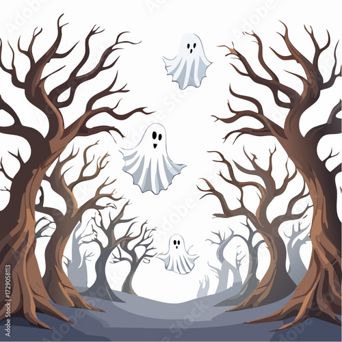 Whimsical cartoon ghosts and playful phantoms floating through a mysterious, gnarled forest on a spooky night