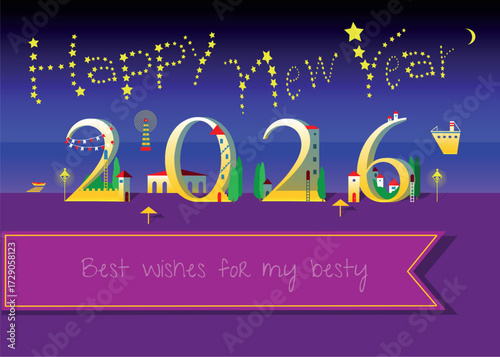 Coastal Serenity: Happy New Year 2026. The yellow text resembles stars in the night sky, while the numbers take the form of white houses. The backdrop features the serene sea and sandy beach. 