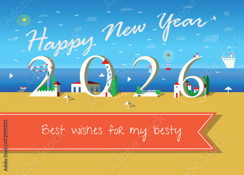 Coastal Celebration: Happy New Year 2026 at the Beach. White text are in the sky as plane trail. The numbers appear as charming beachfront houses. A serene seascape forms the backdrop