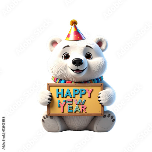 Cute 3D Polar Bear Cartoon Holding Happy New Year Sign with Party Hat, Isolated PNG