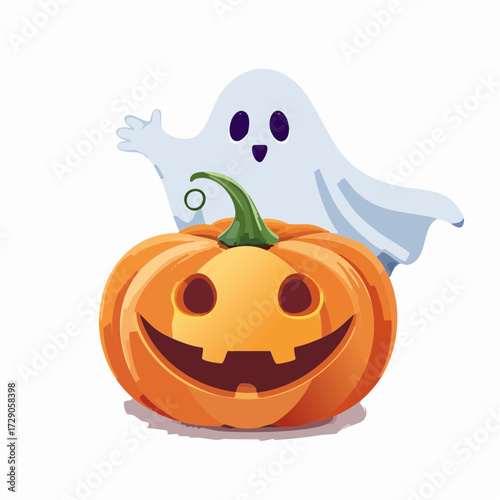Cute Halloween illustration of a friendly cartoon ghost character waving from behind a smiling Jack-o'-lantern pumpkin on a white background