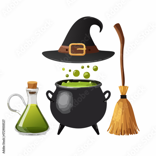 Illustrated set of classic witchcraft and sorcery items for Halloween including a bubbling cauldron, pointed hat, broomstick, and magic potion