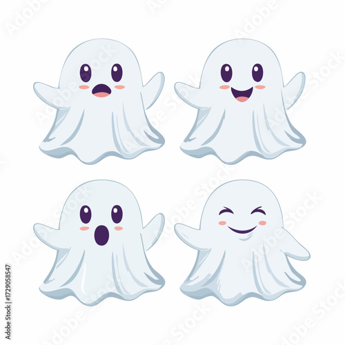 Collection of adorable cartoon ghost characters with various cute and funny facial expressions for Halloween celebrations