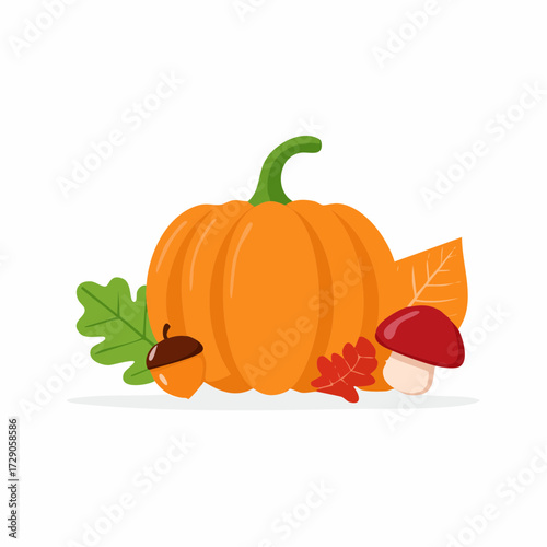 Charming autumn illustration of a seasonal harvest composition with a pumpkin, colorful fall leaves, an acorn, and a mushroom