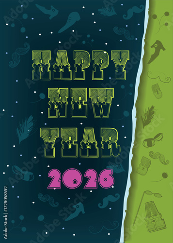 Happy New Year 2026 Vintage Typographic. A festive illustration of the words Happy New Year in yellow letters in a typographic vintage style. The number is pink. 
