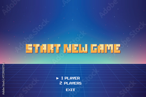 Start new game, play. Synthwave wireframe illustration, pixel art, 8-bit game, retro futuristic sci-fi background, glowing neon grid and stars.