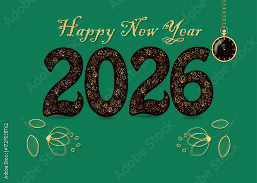 Happy New Year 2026 with golden floral decor. Graceful flowers and hearts, yellow text. Two big flowers frame the number, and there is a place for custom text. A pocket golden watch shows 11:45