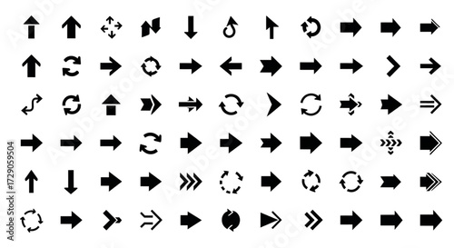 Black arrows flat icons. Set for web design. Direction pointers vector icons. Big collection. Vector set of black arrow signs.isolated on white backgrond