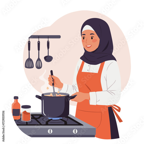 Woman cooking delicious meal at home in hijab with modern kitchen