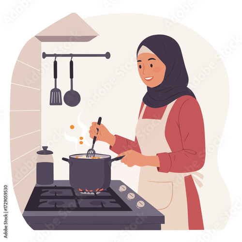 Happy Muslim woman stirring dinner in modern kitchen at home