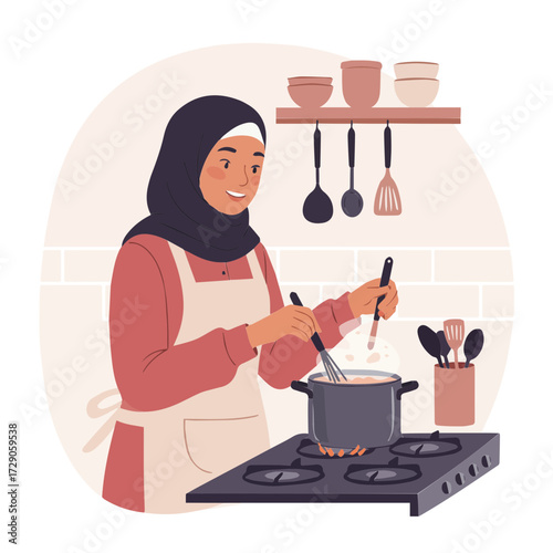 Muslim woman cooking traditional food in modern home kitchen